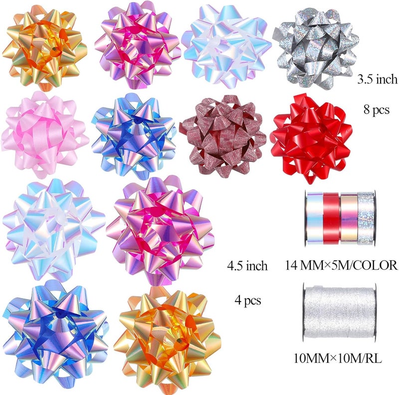 FORBINBO 14 Pcs Gift Bows Assortment - 12 Multi Colored Assorted Size Gift Bowsand 2 Crimped Curling Ribbons, Perfect for Christmas, Holiday，Birthdays, Weddings, Baby/Bridal Showers, Party - Image 3